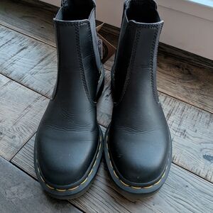 Dr. Martens Black Leather Chelsea Ankle Boots with Yellow Stitching